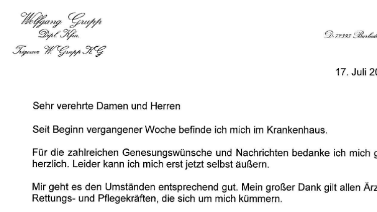 Wolfgang Grupps Brief aus dem Krankenhaus im Wortlaut